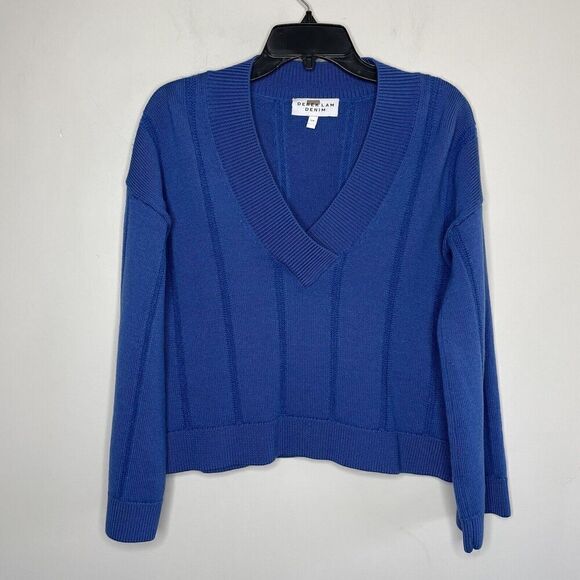 DEREK LAM Sweater Womens Large Military Blue 100% Wool Pullover V-Neck Crop - Picture 1 of 13